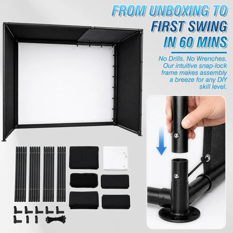 Golf Simulator Enclosure 10 x 8 Ft With Dual Layer Impact Screen Anti Rebound Hitting Cage assembly pieces and instructions.
