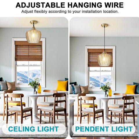 Top Shelf Amber Glass Pendant Light With Vintage Gold Trim For Kitchen Island And Dining Area Height Adjustable Cord Fits Dimmable E26 Bulbs Total Game Changer For Your Daily Glow Up displayed as both ceiling and pendant light options.
