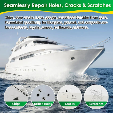 Image showing uses for Marine Fiberglass Repair Kit 4.2 Oz Gel Coat Repair For Boats And Watercraft, DIY Friendly Fiberglass Filler.
