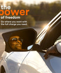 Reflection of a smiling person in sunglasses in a car mirror, with text about the power and freedom of electric vehicle charging.