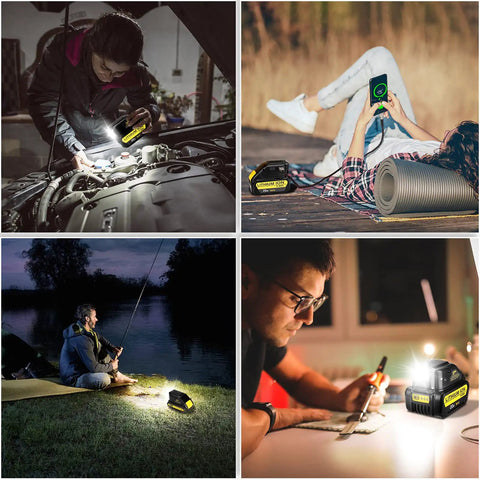 All In One 20V Battery Adapter With USB Phone Charger And LED Work Light in various outdoor and garage settings