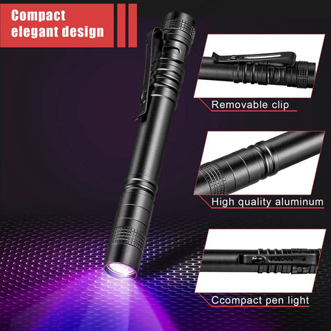 10 Pack UV Black Light Pen Flashlights for Leak Detection, Pet Urine, Hotel Inspections, Mini 5.2 Inch Handheld with clip
