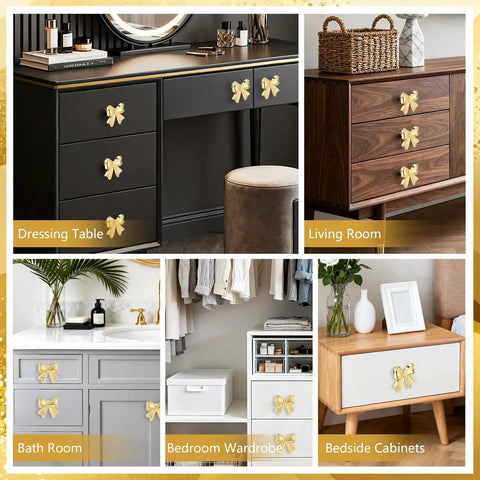 Solid Choice Bow Cabinet Handles For Dressers And Bedroom Closets Set Of Four Warm Gold Finish Drawer Pulls on various furniture.