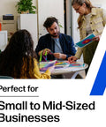 Office team collaborating with colorful documents, highlighting solutions for small to mid-sized businesses.