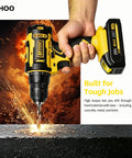 20 Volt Cordless Drill And Driver Combo Pack With Long Lasting Battery And Quick Charge Adapter Boasting Two Speed Modes Variable Trigger Lock And Twenty Five Plus One Precision Torque Adjustments Housed In Striking Yellow For Tough Jobsite Grinds And in action drilling through metal with sparks flying.