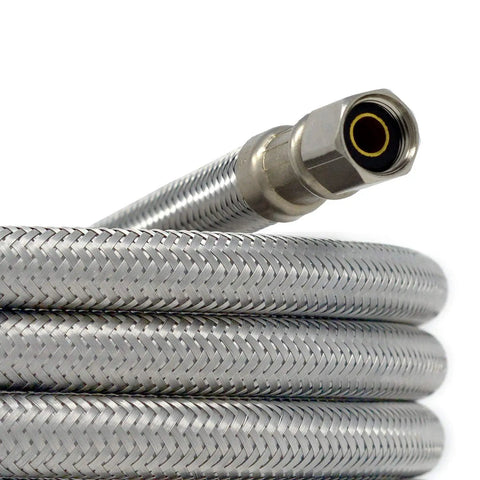 Close-up of braided stainless steel ice maker water supply hose ten foot long with universal one quarter inch connectors.
