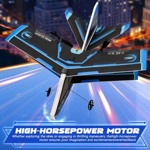 Remote Control Airplane For Beginners And Kids Eight To Twelve And Adults Easy To Fly Outdoor Jet Glider With Six Axis Gyro Stabilization And Durable MPP Material Built For Stable Flights And Fun Learning Black with high-horsepower motor in flight.