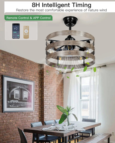 20 Inch Bladeless Ceiling Fan With Lights Remote App Control in a modern vintage design in a dining room setting.