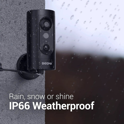 Spotlight HD WiFi Security Camera For Indoor And Outdoor Use With Color Night Vision mounted outdoors in rain, IP66 weatherproof.