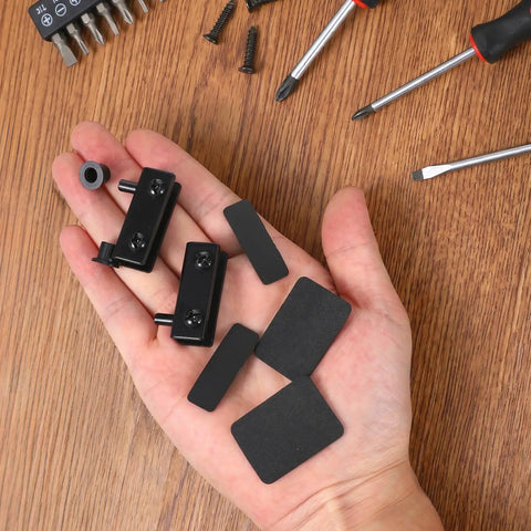 Hand holding Adjustable Glass Door Pivot Hinge Clamp Kit For 3-6mm Cabinet Glass Doors with screwdrivers nearby.