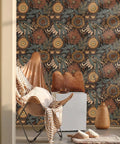 Peel And Stick Floral Boho Wallpaper Removable Mural Renter Friendly Brown Peach Puff Green Retro Wall Decor for living rooms.
