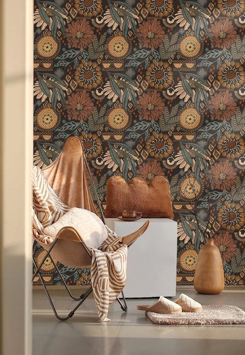 Peel And Stick Floral Boho Wallpaper Removable Mural Renter Friendly Brown Peach Puff Green Retro Wall Decor for living rooms.