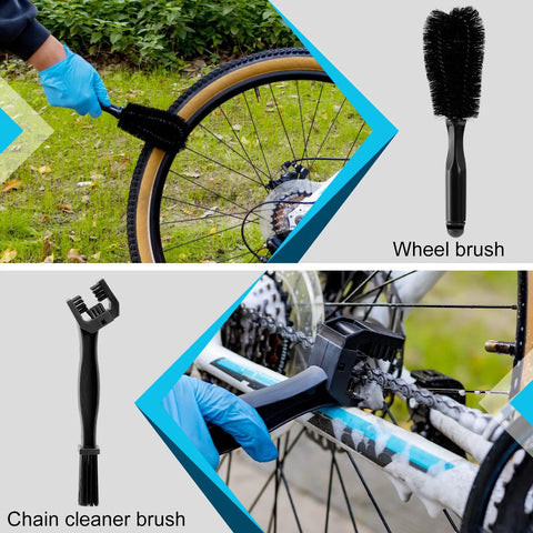 Person using Bike Chain Cleaning Kit With Biodegradable Degreaser, Chain Lube, Cleaning Brush, Gear Gloves And Towel For MTB Road