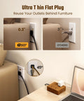 Brown Wood Grain 10 Ft Flat Plug Power Strip With Surge Protector, comparison of flat vs. standard plug behind sofa.