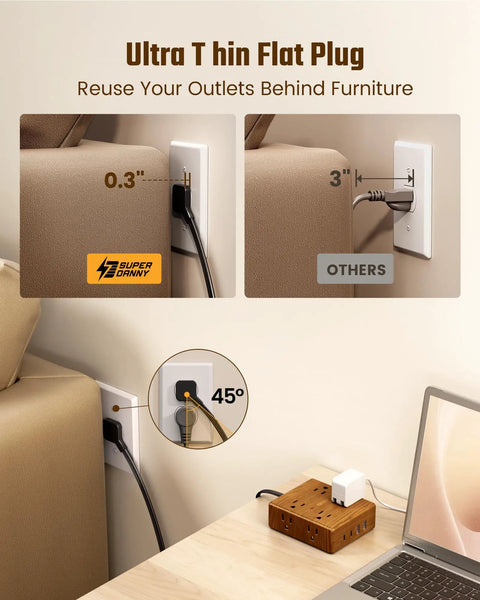 Brown Wood Grain 10 Ft Flat Plug Power Strip With Surge Protector, comparison of flat vs. standard plug behind sofa.