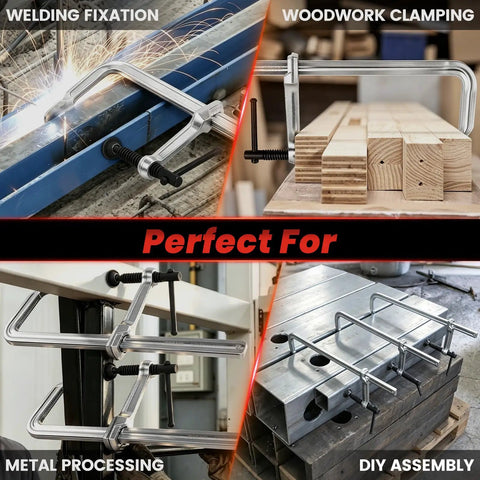 Heavy Duty 12 Inch F-Clamps 4-Pack With Grip Gloves For Welding Woodworking And Metal Assembly clamping various materials in use.