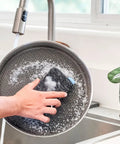 Washing pan with Infinity Sponge Odor Resistant And Heat Resistant Silver Fiber Kitchen Cleaning Tool and soapy water