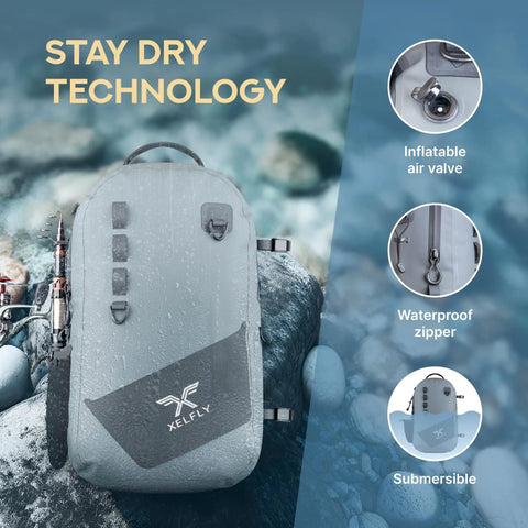 Gray waterproof fishing backpack with rod holder and submersible zipper on rocks, highlighting inflatable valve and features for anglers.