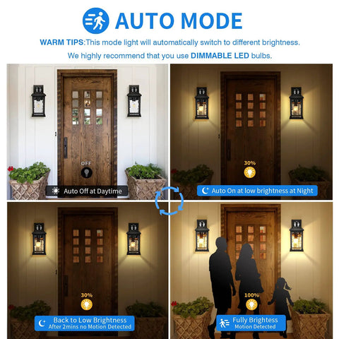 Motion Sensor Outdoor Wall Lights With Dusk To Dawn Sensor PIR Technology Auto Mode demonstration on porch with figures
