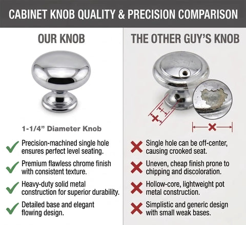 Comparison of Ten Pack Polished Chrome Round Mushroom Cabinet Knobs One And One Quarter Inch Diameter with competitor's knob