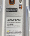 Back view of Baofeng model UV-82 showing FCC details for Beefy 7W Dual Band Ham Radio Portable Two Way With VHF 136 174 MHz And UHF 400 520 MHz VOX Talk Around Busy Channel Lockout TX Off Reverse Frequency Search High Medium Low Power For Amateur Operators.
