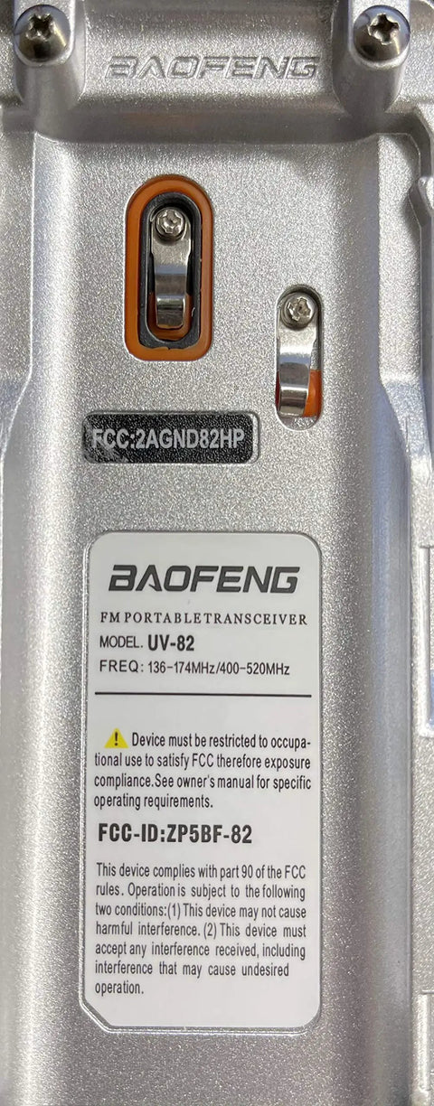 Back view of Baofeng model UV-82 showing FCC details for Beefy 7W Dual Band Ham Radio Portable Two Way With VHF 136 174 MHz And UHF 400 520 MHz VOX Talk Around Busy Channel Lockout TX Off Reverse Frequency Search High Medium Low Power For Amateur Operators.