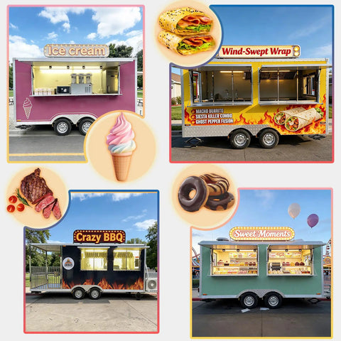 Turnkey Mobile Coffee Trailer With DOT Certification And Full Commercial Kitchen Setup Designed For Street Vendors And Festival Hustles Ready To Roll Straight From The Factory Direct, featuring multiple food trailers.