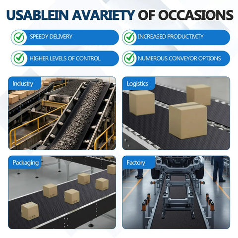 Heavy Duty Black Conveyor Belt 12 Inch Wide 25 Foot Long PVC Fabric Drive Belt With One Side 120 Cover Extra Long Fiber Fabric Bottom Layer Industrial Grade Polyester Repair Conveyor Belt For Light To Medium Duty used in various industries.
