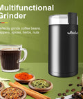 One Touch Electric Coffee And Spice Grinder With Transparent Lid Copper Motor And Stainless Steel Blade For Beans And Spices Black Clean Brush Included, shown with coffee and spices.