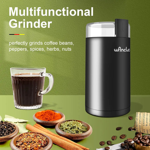 One Touch Electric Coffee And Spice Grinder With Transparent Lid Copper Motor And Stainless Steel Blade For Beans And Spices Black Clean Brush Included, shown with coffee and spices.