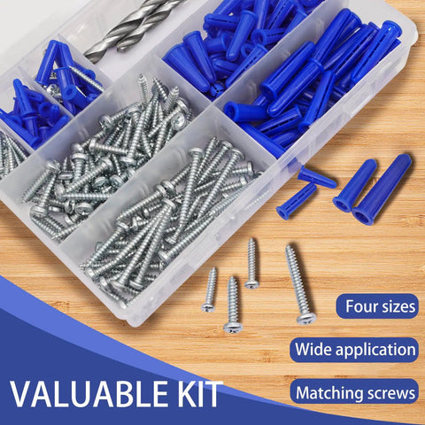 190 Piece Heavy Duty Conical Concrete Wall Anchors And Screws Kit With 3 Drill Bits And Storage Box Including 95 Brick Anchors And 95 Self Tapping Screws For Drywall Masonry Stucco Cement Cinder Block Tile shown in compartments