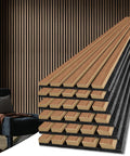 Top Shelf Six Pack Soundproof Wood Slat Wall Panels Featuring Badass Acoustic Dampening To Level Up Room Vibes And Muffle Street Noise Sleek Walnut Finish For Studios Or Home Offices stacked view with acoustic panels on a modern background.