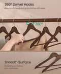 Heavy Duty Birch Wood Hangers Set Of 30 With 360 Degree Swivel Hooks Walnut Brown Finish, close-up showing smooth surface