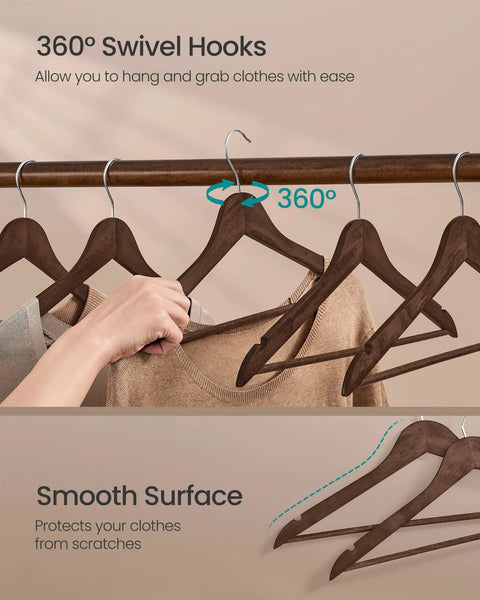Heavy Duty Birch Wood Hangers Set Of 30 With 360 Degree Swivel Hooks Walnut Brown Finish, close-up showing smooth surface
