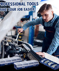 Mechanic using Six Pack Screw Organizer Boxes With Lids, Four Compartments Each for small parts in garage workbench