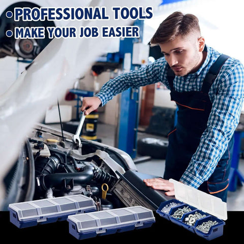 Mechanic using Six Pack Screw Organizer Boxes With Lids, Four Compartments Each for small parts in garage workbench