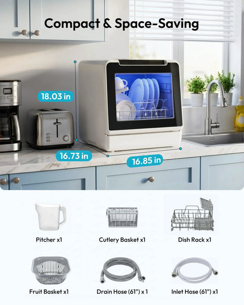 Portable Countertop Dishwasher Unit With Eight Quick Wash Cycles And Whisper Quiet Operation Totally Saves Counter Space, shown in kitchen.