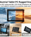 Rugged 10.1 Inch Tablet PC With Windows 11 Pro And Intel N100 Processor featuring IP67 waterproof shield and MIL-STD-810G rating.