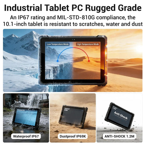 Rugged 10.1 Inch Tablet PC With Windows 11 Pro And Intel N100 Processor featuring IP67 waterproof shield and MIL-STD-810G rating.
