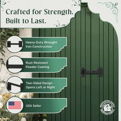Black Iron Gate Flip Latch 12 Inch Large Heavy Duty Antique Two Sided Flip Locks Rust Resistant Powder Coated Barn Door And Fence Gate Latches With Hardware Pack Of 2 displayed on a green gate.