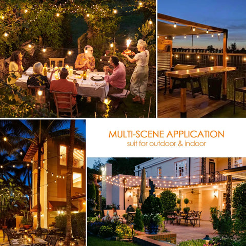 Collage of Led Outdoor String Lights 50 Foot Waterproof Patio Lighting With 25 Plus 1 Shatterproof G40 Edison Bulbs Commercial Grade