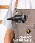 Gust B11 Mix 110000RPM Electric Air Duster And Portable Fan showing compact size in apron pocket, ideal for electronics.