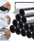 12 Pack Foam Pipe Insulation Tubes Self Adhesive Water Line Warmth Shield For Outdoor Winter Irrigation Sprinklers 1.3 Feet Long 0.6 Inch Diameter Includes Tape For Easy Sealing And Freeze Protection, showing black foam tubes with silver wrap and adhesive features