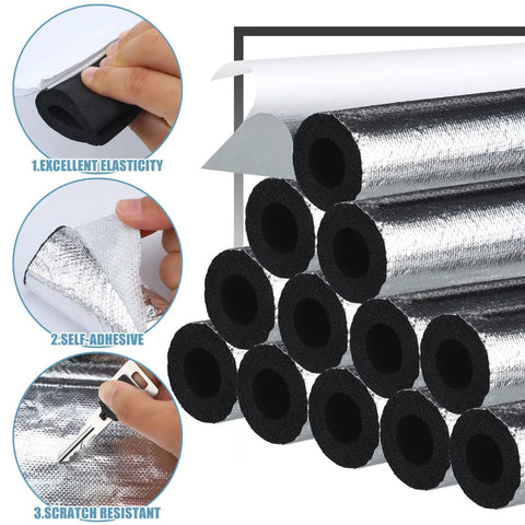 12 Pack Foam Pipe Insulation Tubes Self Adhesive Water Line Warmth Shield For Outdoor Winter Irrigation Sprinklers 1.3 Feet Long 0.6 Inch Diameter Includes Tape For Easy Sealing And Freeze Protection, showing black foam tubes with silver wrap and adhesive features