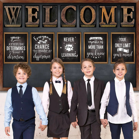 Fresh Industrial Chic Bulletin Board Poster Set Leveling Up Classroom Vibe With Seven Welcome Cutouts And Six Motivational Prints Perfect Teacher Decor Game Changer Glue Dots Included, featuring children in smart outfits. 