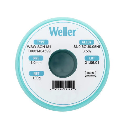Top view of SCN M1 Solder Wire 1.0 mm Diameter 0.039 Inch 100 G Pack Sn99.3Cu0.6Ni0.05 Flux 3.5 Percent with spool details.