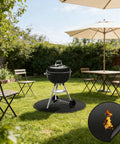Round Fire Pit Mat For Outdoor Hangouts, Fireproof, Waterproof Spark Shield, under grill on lawn with chairs and umbrella, 48x48 Inches