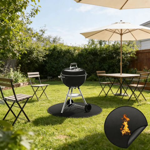 Round Fire Pit Mat For Outdoor Hangouts, Fireproof, Waterproof Spark Shield, under grill on lawn with chairs and umbrella, 48x48 Inches