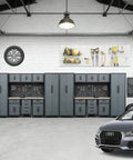 Heavy Duty Steel Garage Storage Cabinet Setup 18PC Modular Workshop Rig featuring tight rolling drawers and wall lockers in garage.