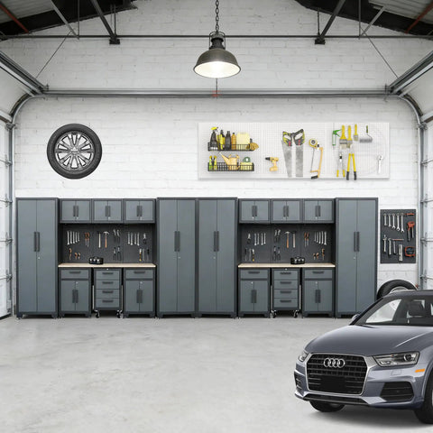 Heavy Duty Steel Garage Storage Cabinet Setup 18PC Modular Workshop Rig featuring tight rolling drawers and wall lockers in garage.